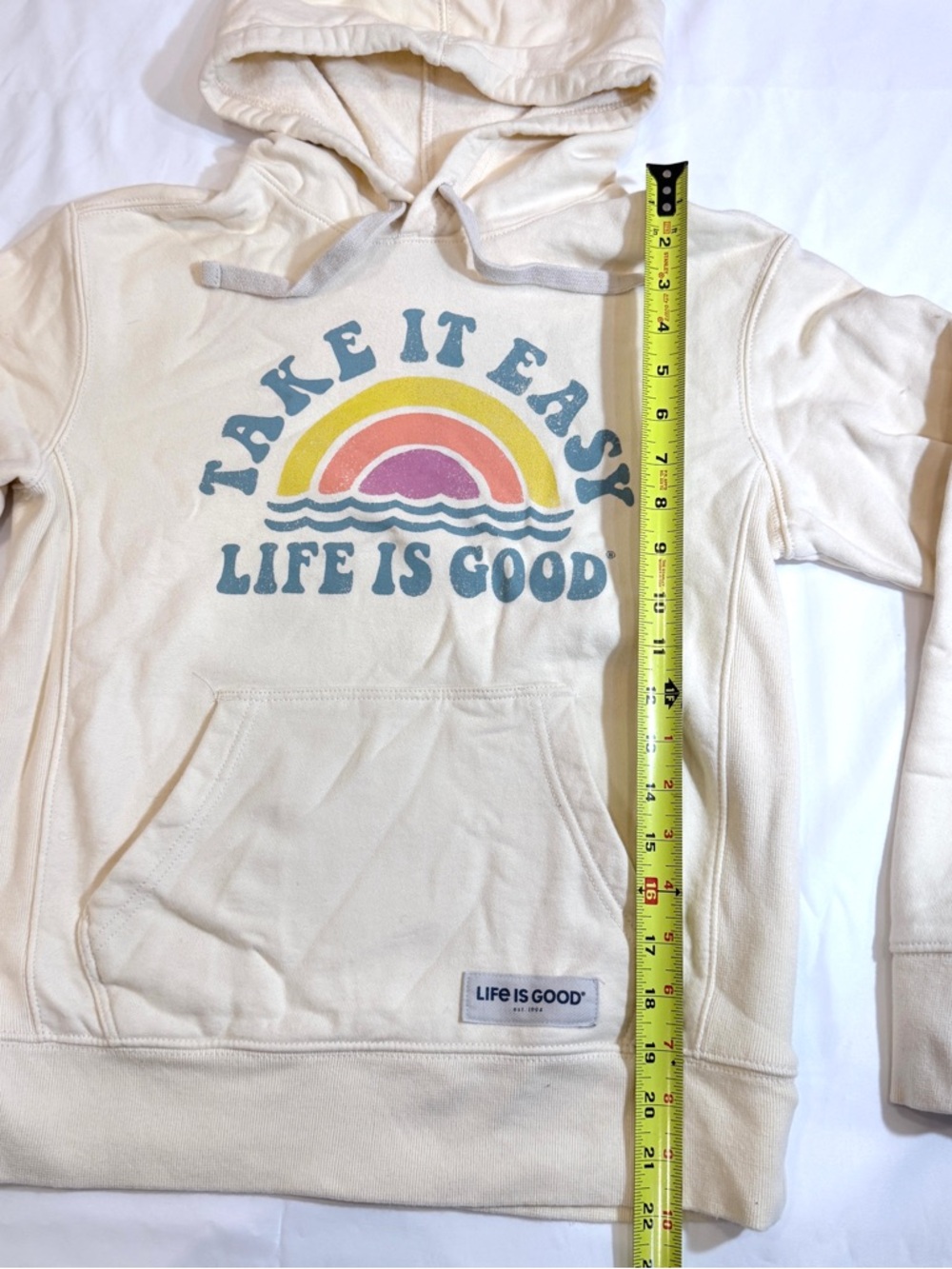 Life Is Good Cream Hoodie with Blue Graphic Women’s XS - Picture 2 of 13
